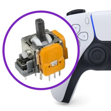 singolo analogico hall effect ยป Riparaora Close-up of an orange power tool inside a purple circular frame, with part of a white control device showing buttons on the right